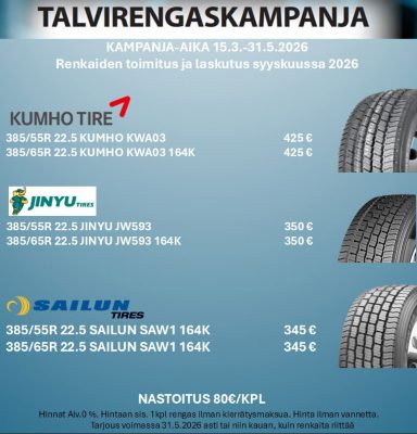Tyylitelty kuva kymmenestä kuorma-auton renkaasta.