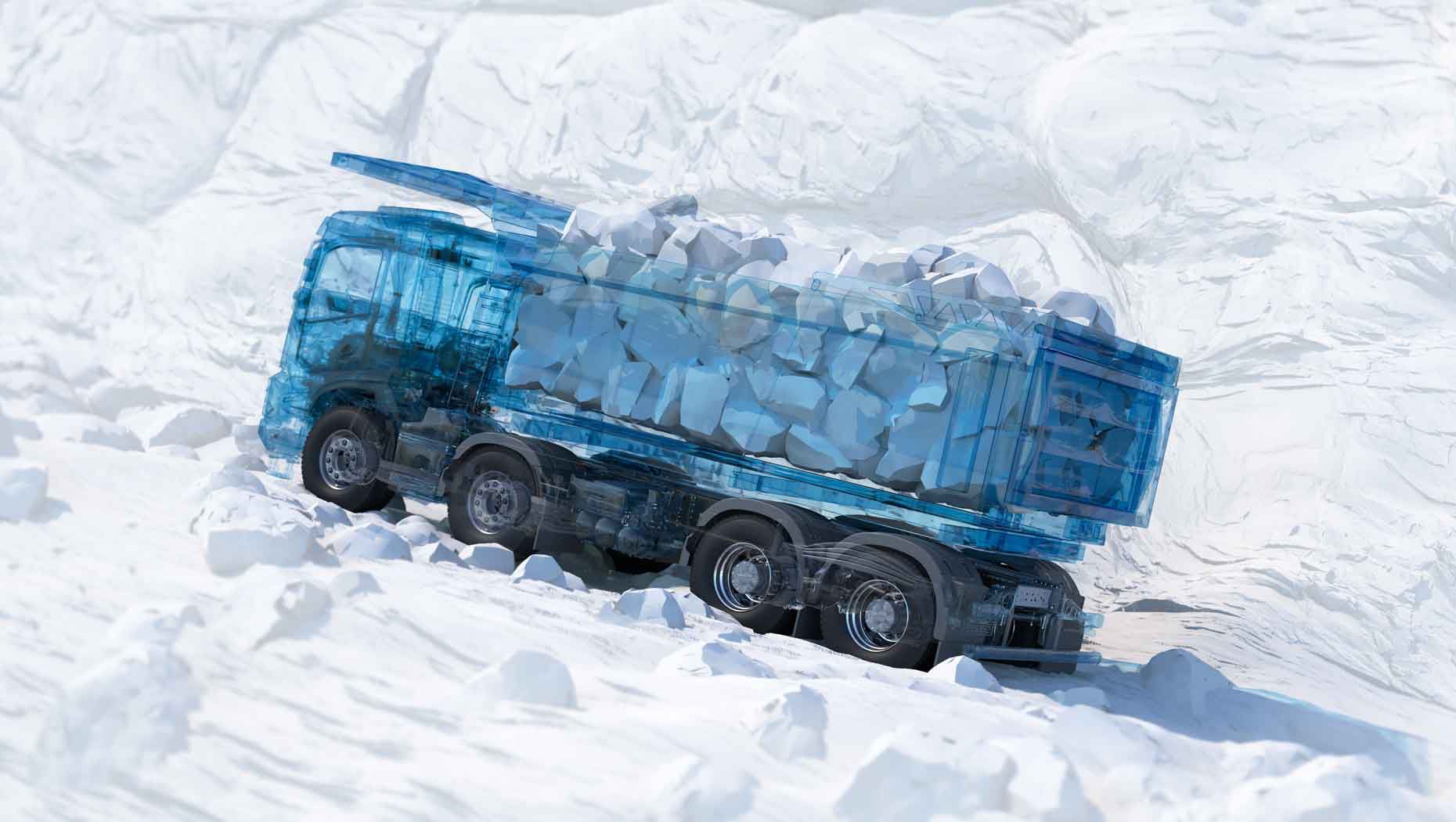 3D graphic illustration of the new Volvo FMX transporting rubble
