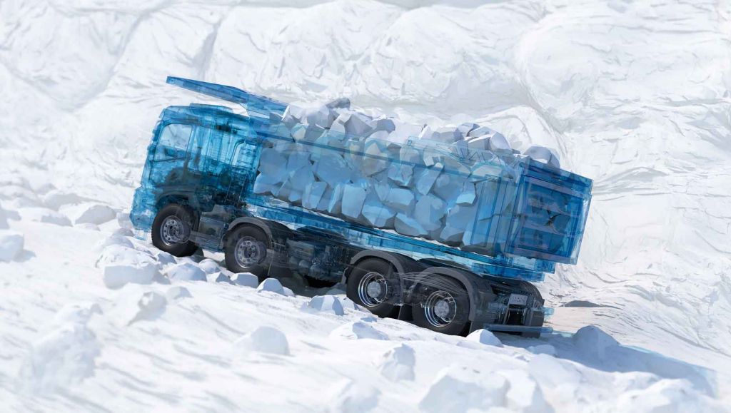 3D γραφική απεικόνιση του νέου φορτηγού Volvo FMX ενώ μεταφέρει χαλίκι
