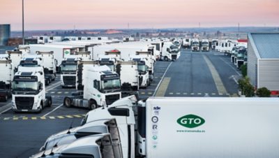 Numerous GTO Volvo trucks parked at the head office 