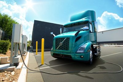 A Volvo VNR Electric charges at the high-powered chargers available to fleets at TEC Equipment, Fontana.