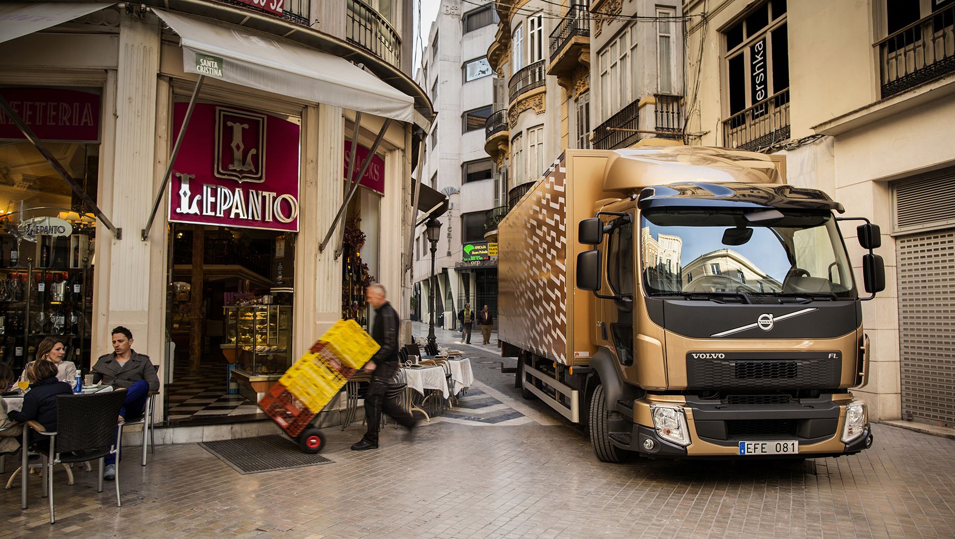 Volvo FE in narrow city street