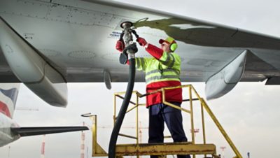 Refuelling a plane.