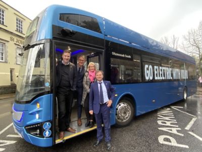 Caption: (l-r) Steve Brine MP, Gordon Frost Operations Director (Stagecoach South), Councillor Jan Warwick and Domenico Bondi, Managing Director of Volvo Bus UK & Ireland, with the Volvo BZL Electric demonstrator in Winchester.