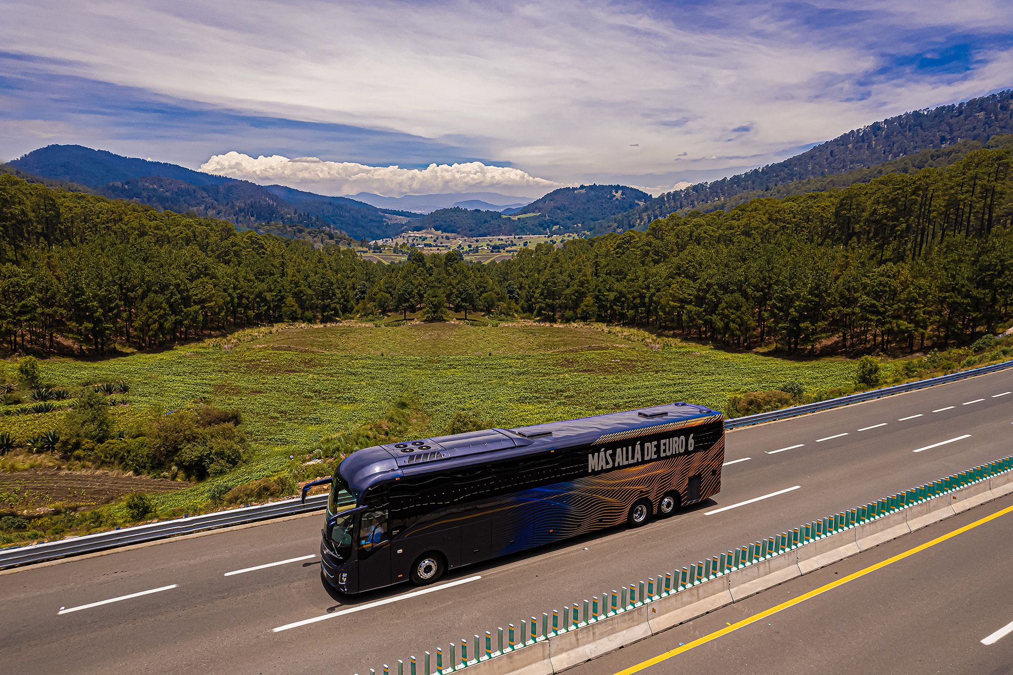 A Volvo 9800 Euro 6 coach on the road in Mexico