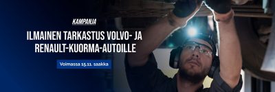 Ilmaisen tarkastuksen kampanjasta kertova kuvituskuva Wetteri Powerin verkkosivuilla. Kuvassa huoltopalveluiden työntekijä sekä kampanjan nimi ja päättymisaika.