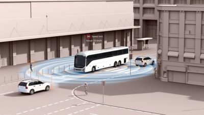 Visualização de um autocarro com sistemas de segurança ativa que detetam veículos e pessoas na sua proximidade