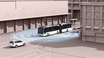 Autobús estilizado en el tráfico. Gráficos en los que se muestra el sistemas de asistencia al conductor de tercera generación.