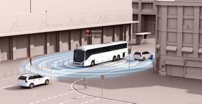 Ônibus estilizado no trânsito. Ilustrações mostrando sistemas de assistência ao condutor de terceira geração.