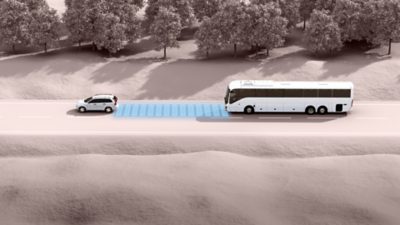 Gestileerde bus in het verkeer. Afbeelding geeft Adaptive Cruise Control weer.