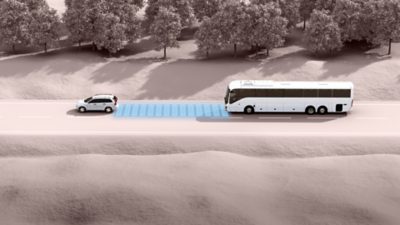 Stylized bus in traffic. Graphic showing adaptive cruise control.