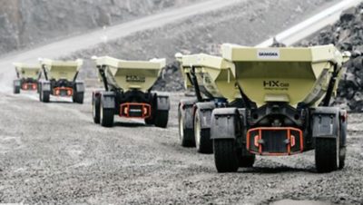 The self-driving yellow truck tipped with gravel | CampX - Startup Accelerator by Volvo Group