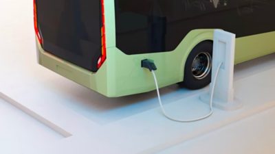 An electric Volvo bus charging via a CCS2 cable