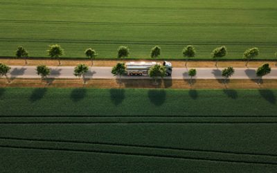 Volvo FM driving in an avenue of trees, viewd from the side and above