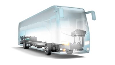 A ghosted illustration showing a Volvo bus chassis with a body.