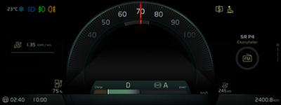 Close-up of the instrument cluster screen showing the analogue view