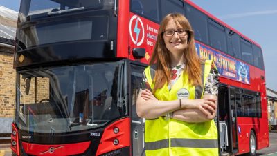 Garnett Keeler Photo Shoot / filming with Volvo Electric Bus for TfL. . . . Photo with AEB ( Advanced Emergency Braking ) Electric bus and TFL- Bus Safety Development Manager - Rachel Birrell.