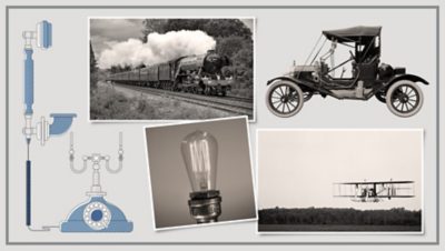 Collage of early 20th-century inventions including a steam train, vintage car, early telephone, light bulb, and biplane.