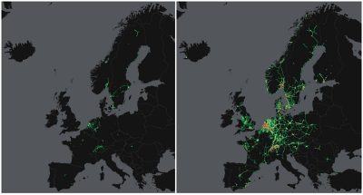 The map shows the increase in activity