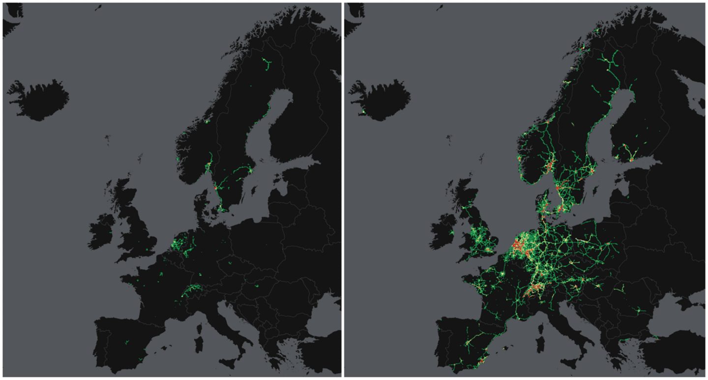 The map shows the increase in activity