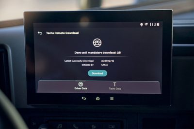 Screen inside truck with driver data download