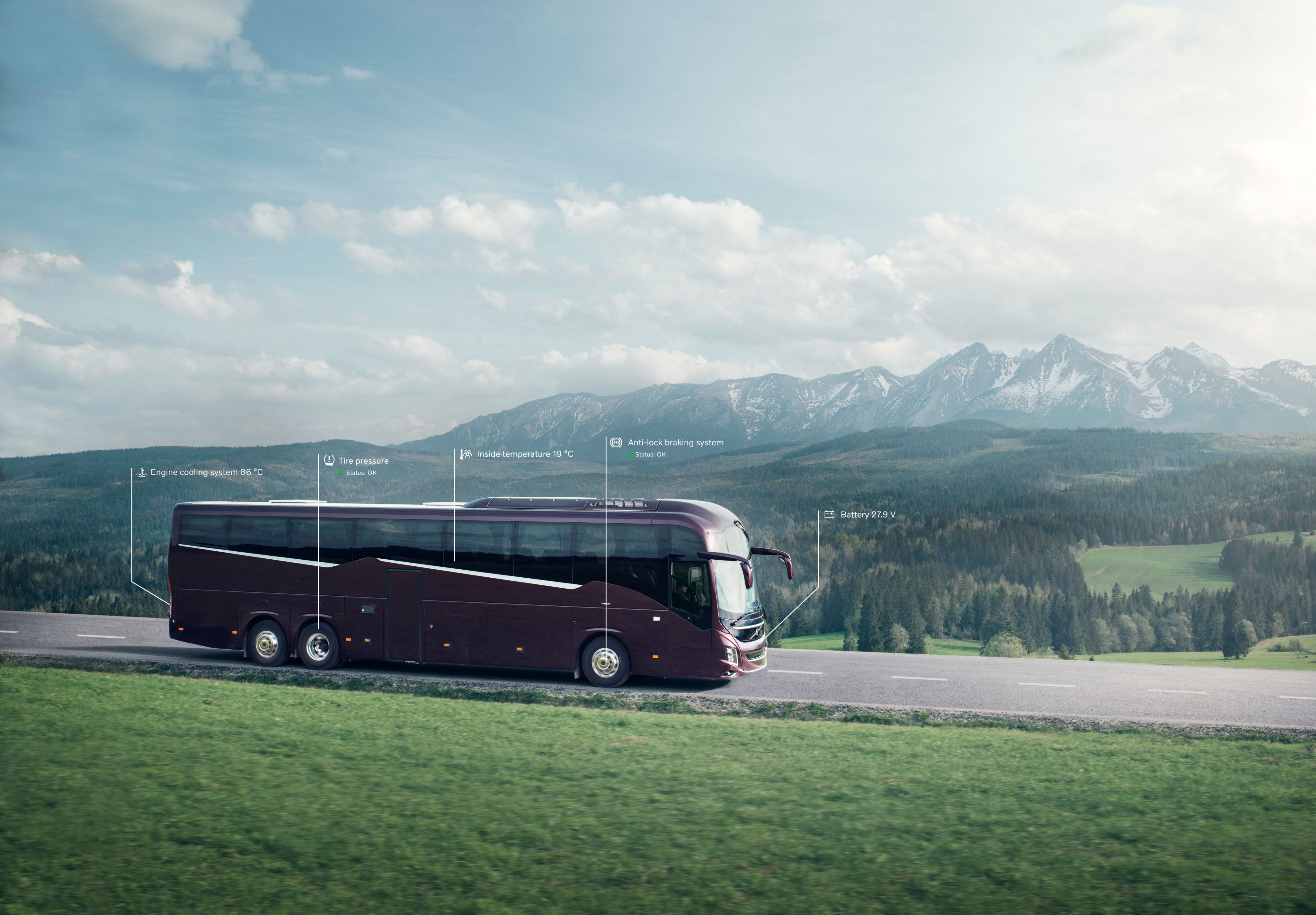 A Volvo coach on the road with graphics symbolizing data transmission