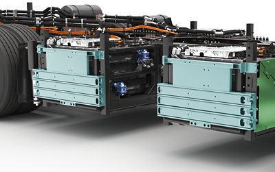 Close-up of Cube battery installation in a Volvo BZR chassis