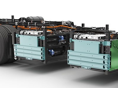 Close-up of Cube battery installation in a Volvo BZR chassis