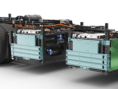 Close-up of Cube battery installation in a Volvo BZR chassis