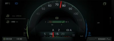 The analogue view of the display of a Volvo bus instrument cluster