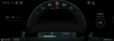 The analogue view of the display of a Volvo bus instrument cluster