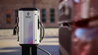 A silver-colored depot charging station from Renault trucks.