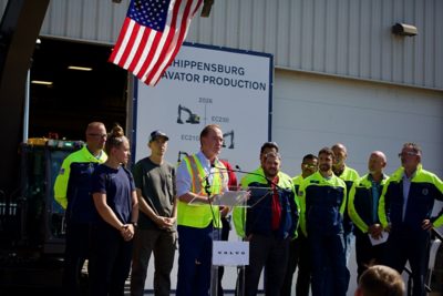 Congressman John Joyce, M.D., addresses the crowd and recognizes Volvo CE employees involved in the company's manufacturing localization efforts during an Aug. 19 event in Shippensburg.