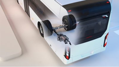 A see-through image showing the position of the powertrain in a Volvo BZL Electric