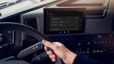 A close-up view of a truck's onboard navigation system