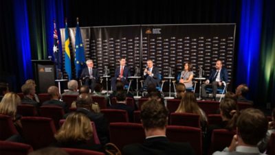 Volvo Group Australia’s President and CEO, Martin Merrick partakes in the panel discussion where topics such as collaboration, partnerships, infrastructure and legislation change were discussed. (Photo credit: Tracey Nearmy/ANU)