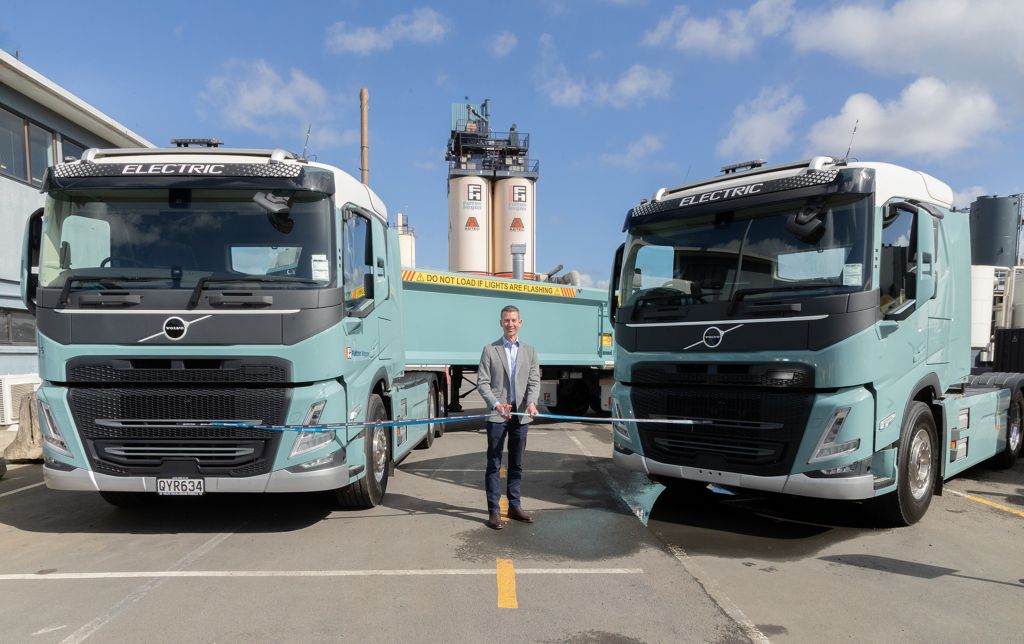 Representative from Fulton Hogan, EECA and Volvo Trucks New Zealand Unveil the new FM Electric Truck at Fulton Hogan