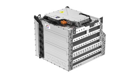 Three high‑voltage battery modules are shown in a clean studio setting, featuring stacked cell housings, structural frames, cooling interfaces, and top‑mounted electronic control units with high‑voltage warning symbols. The components are arranged to display both the internal module stack and the outer casing design.