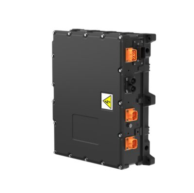 Rectangular high‑voltage electrical power distribution unit shown in a clean studio setting, featuring multiple orange high‑voltage connectors on the side and a warning symbol on the front panel. The black housing and mounting points are clearly visible against a plain light background.