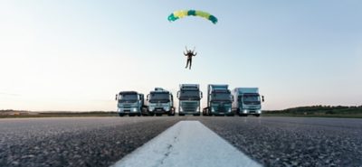Volvo electric truck range with skydiver - The leap