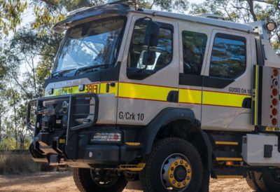 Volvo truck with a grey crew cab 