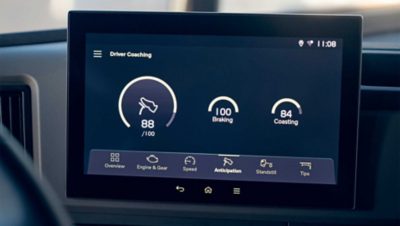 Screen inside truck showing driver coaching 