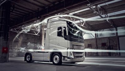 A Volvo cab stands in a windtunnel 