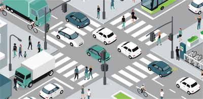 Situatie op een kruising in een drukke stad, met veel verkeer