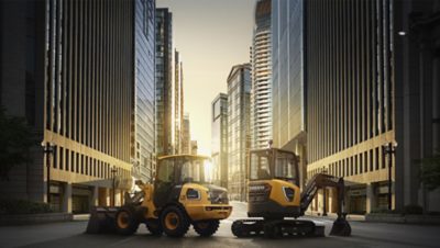 Yellow Volvo Group excavator digging at a road work site