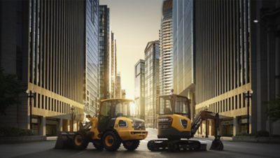 Желтый экскаватор Volvo Group копает на участке дорожных работ