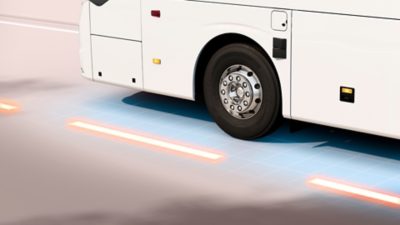 Autobús estilizado en marcha. Gráfico que muestra nuestro sistema de aviso de salida del carril.