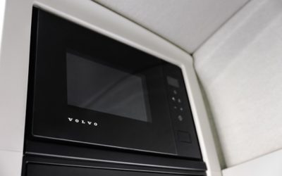 A microwave oven inside the truck