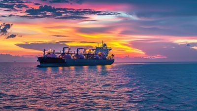 LNG-Tanker bei Sonnenuntergang auf offener See