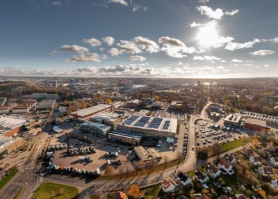 Flygfoto över Volvo Technology AB:s huvudkontor och anläggningen i Lundby i Göteborg